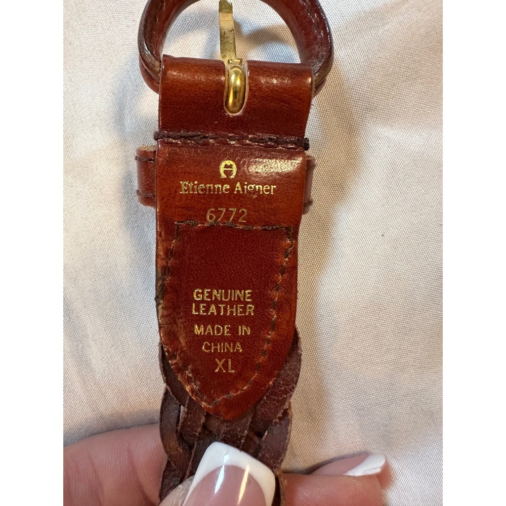 Etienne Aigner Womens Braided Leather Belt Cognac Brown Brass Logo XL 6772 - Picture 4 of 6